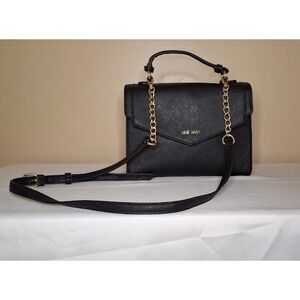 Nine West Black Saffiano Faux Leather Crossbody Bag Gold Chain Accent Top Handle